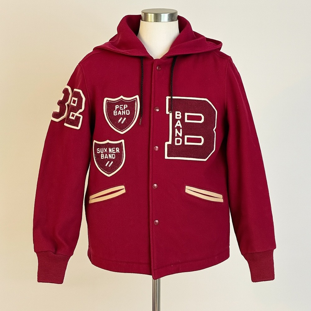 DeLong Vintage Varsity Jacket Sm Med Red Sailor Hood Band Patches Wool 80s HS